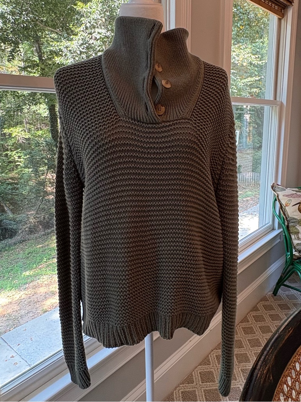 Alice Walk Olive Button-Neck Knit Sweater